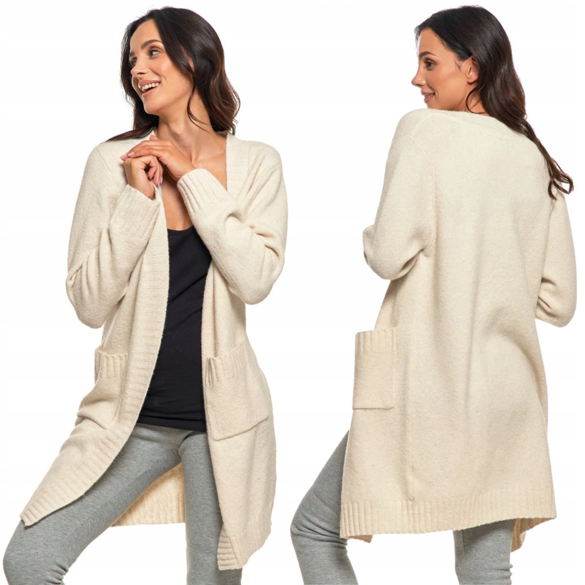 KARDIGAN DAMSKI DŁUGI SWETER KIESZENIE CIEPŁY LUŹNY OVERSIZE MORAJ M/L ECRU