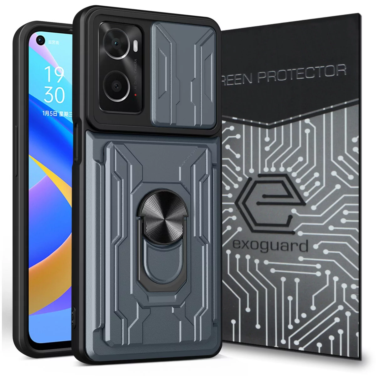 ETUI EXOGUARD CARDSHIELD + SZKŁO - OPPO A96 (4G) / REALME 9I - PANCERNE CASE OBUDOWA FUTERAŁ RING