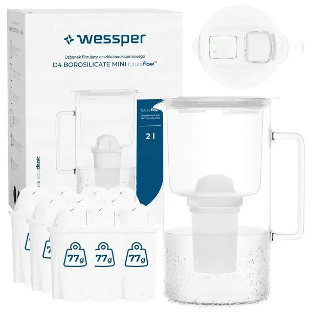 Szklany dzbanek filtrujący Wessper D4 BOROSILICATE MINI FF 2l + 11x filtr
