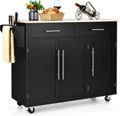 Wózki kuchenne - Wózek kuchenny na kółkach, drewniany wózek do serwowania z półkami, szufladami, bocznym uchwytem do zawieszenia do jadalni, salonu, 120,5 x 46 x 92,5 cm, czarny - miniaturka - grafika 1
