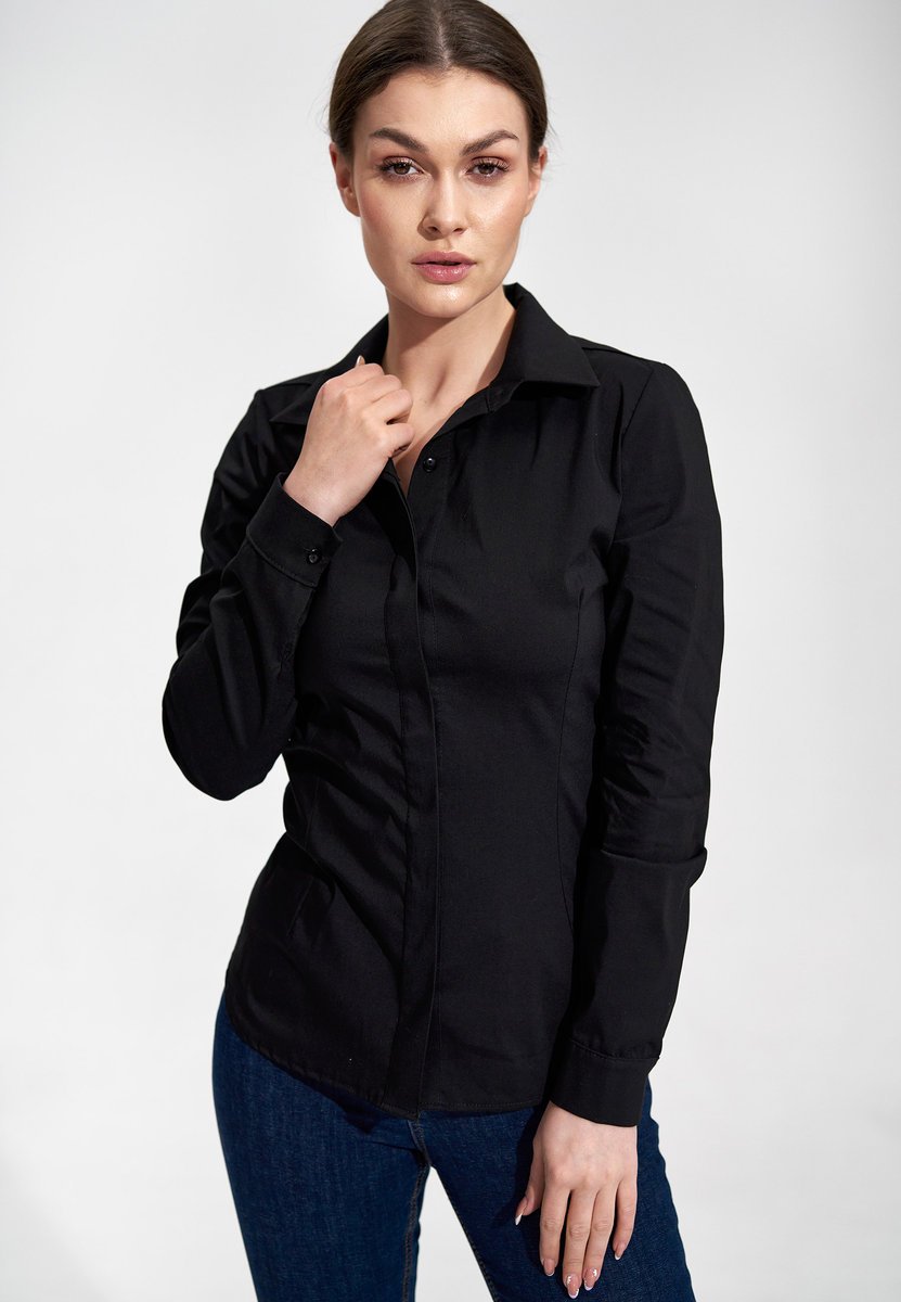 Elegancka czarna koszula damska bawełniana z zakrytymi guzikami, długi rękaw Regular Fit - M876, czarny, XL
