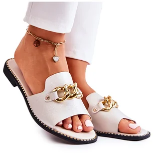 S.Barski Modne Klapki Z Łańcuchem Na Płaskim Obcasie Złote Finess złoty - Klapki i japonki damskie - miniaturka - grafika 1