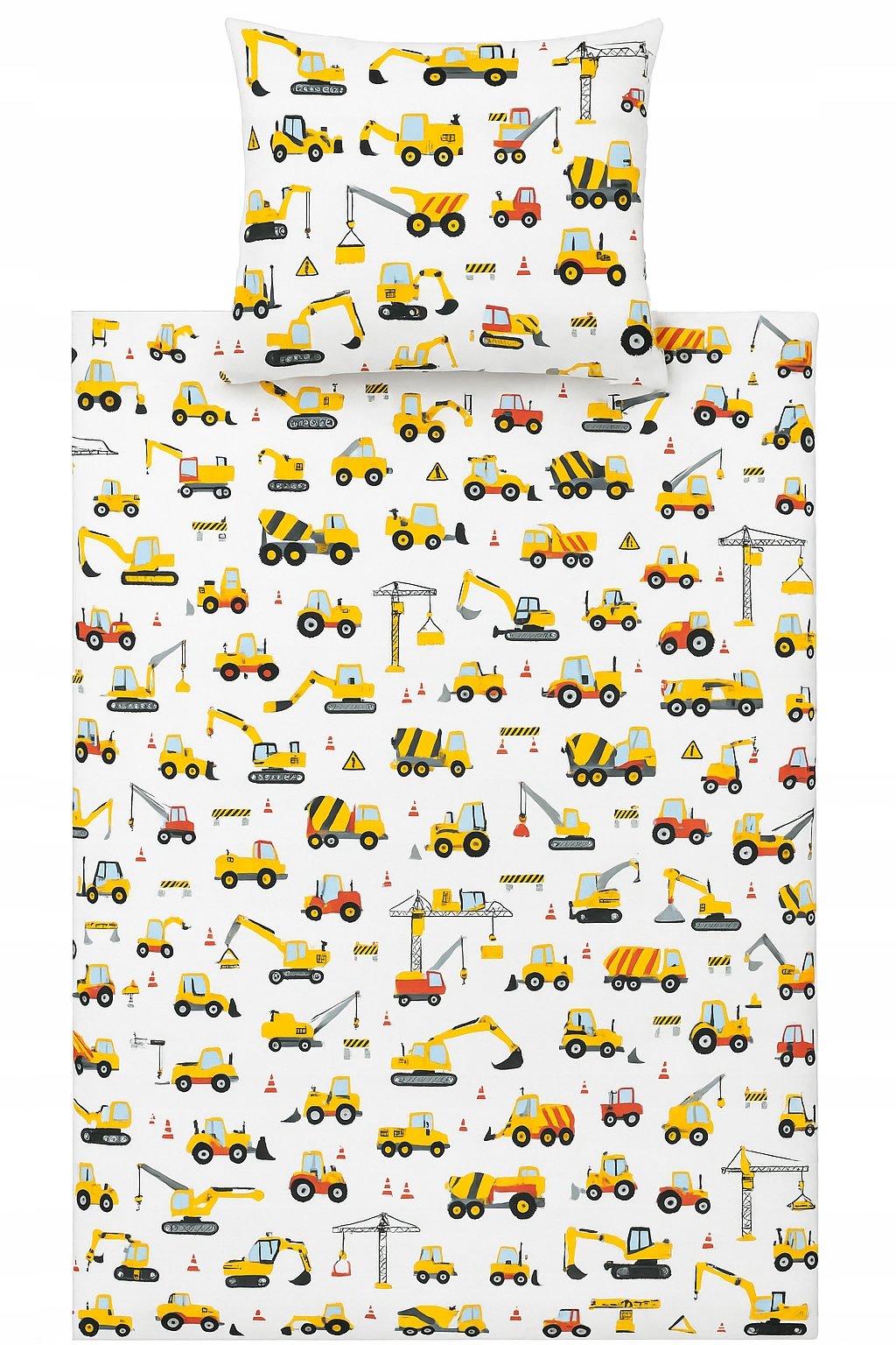 Pościel dziecięca 200x160 chłopięca Koparki budowa żółte na białym tle
