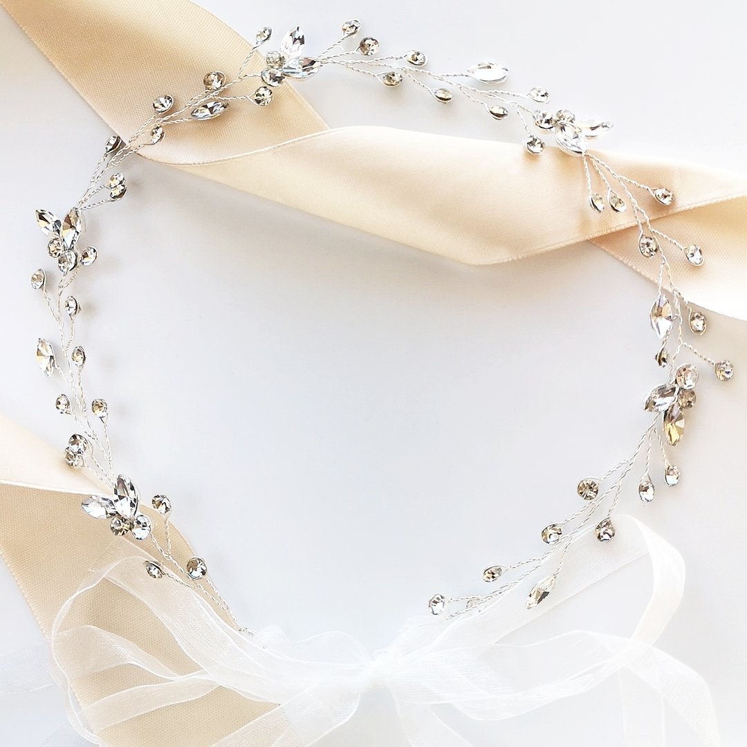 Srebrna GAŁĄZKA opaska ślubna cyrkonie glam delikatna i błyszcząca