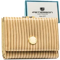 Portfele - Portfel damski z zapięciem na bigiel i zatrzask PETERSON rfid stop mały elegancki lakierowany skóra naturalna i ekologiczna beżowy rozbudowany na ka.. - miniaturka - grafika 1