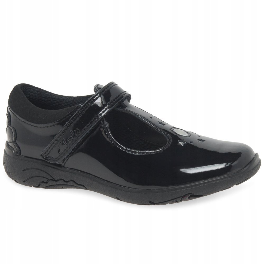CLARKS CZARNE LAKIEROWANE PÓŁBUTY DZIECIĘCE Z OZDOBNYMI GWIAZDKAMI 27 6GA