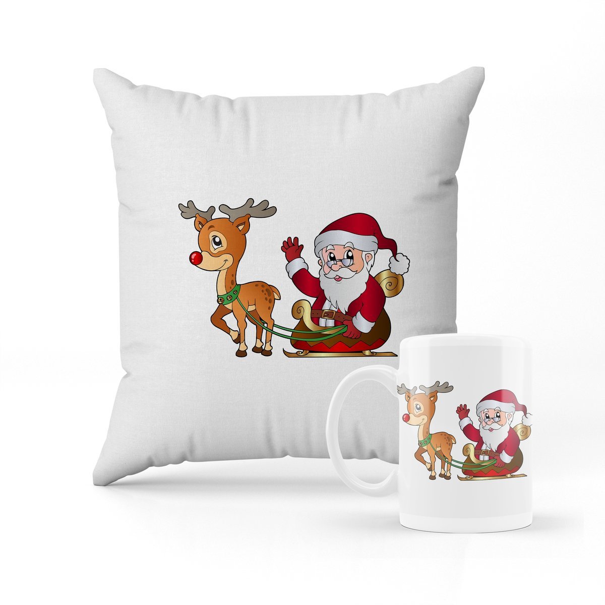 ZESTAW PODUSZKA + KUBEK Prezent Święty Mikołaj w saniach+ IMIĘ