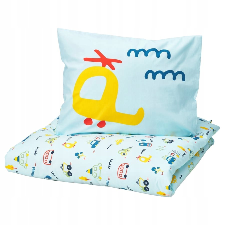 Ikea Barndrom Komplet pościeli niebieski/wzór w pojazdy 150x200/50x60 cm