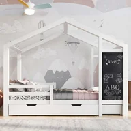 Łóżka dla dzieci i młodzieży - Łóżko dziecięce Fortuna Lai 90 x 200 cm, drewniane łóżko z panelem i 2 szufladami, lite drewno z zabezpieczeniem przed wypadnięciem i stelażem z listew, białe (bez materaca) - miniaturka - grafika 1