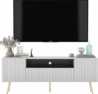 Szafki RTV - Meble Lindner Meble Lindner Loft Szafka RTV Biały Mat Nowoczesna Komoda RTV Glamour 150 cm Ryflowane fronty Nogi Złote Metalowe - miniaturka - grafika 1