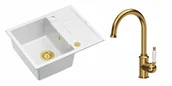 Zlewozmywaki z baterią - Quadron Unique Zlewozmywak granitowy jednokomorowy 62*50*22 cm z ociekaczem MORGAN 116 SNOW WHITE z syfonem Push-2-Open w kolorze złotym z baterią RACHEL kolor złoty - miniaturka - grafika 1