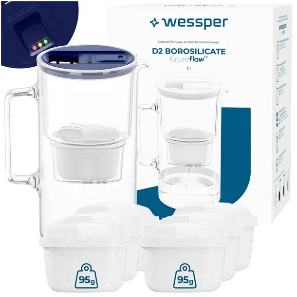 Dzbanek filtrujący szklany Wessper D2 BOROSILICATE FF 3l granat + 7x filtr