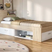 Meble do sypialni - Łóżko z zagłówkiem, ze skrzynią i szufladą - 90 x 190 cm - Biały i naturalny + stelaż - LEANDRE - miniaturka - grafika 1