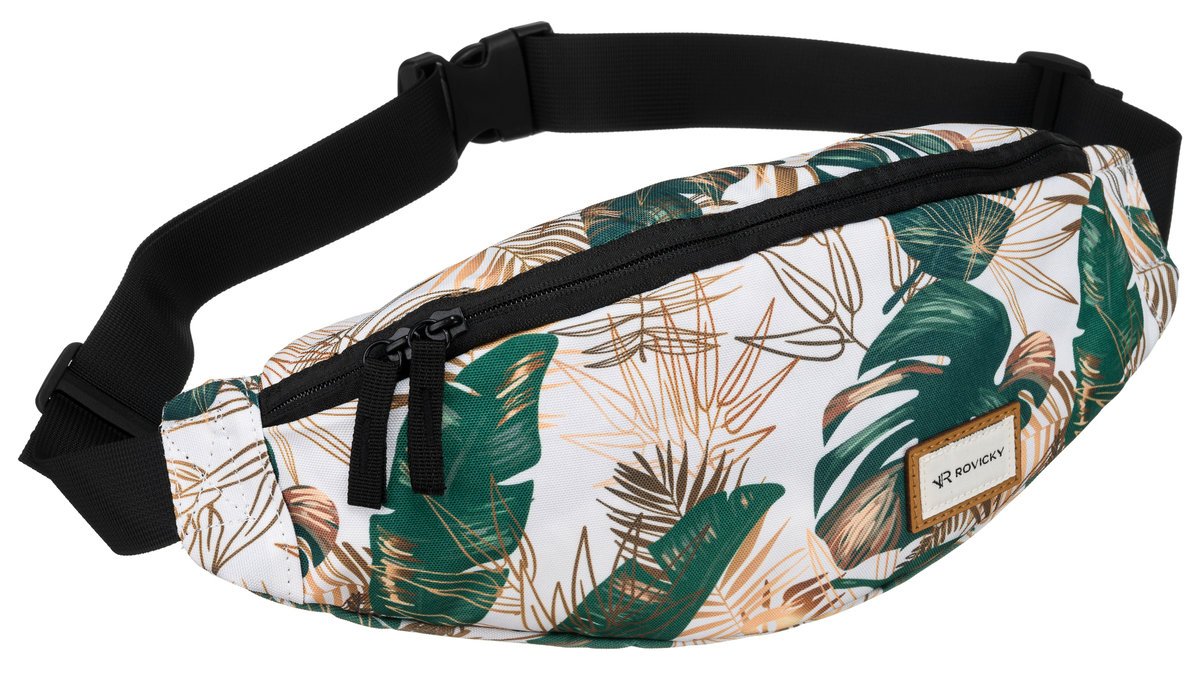 Saszetka damska z tkaniny Rovicky nerka na biodra z roślinnym motywem, różnokolorowy biały