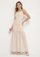Sukienki - Beżowa Koktajlowa Sukienka z Wiskozą Ozdobiona Marszczeniem Galapina - miniaturka - grafika 1