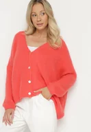 Swetry damskie - Różowy Kardigan z Dekoltem w Serek z Dzianiny z Wełną i Moherem Lismio - miniaturka - grafika 1