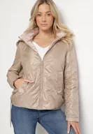 Kurtki damskie - Ciemnobeżowa Kurtka Pikowana z Odpinanym Kapturem i Ściągaczami po Bokach Nusarianis - miniaturka - grafika 1