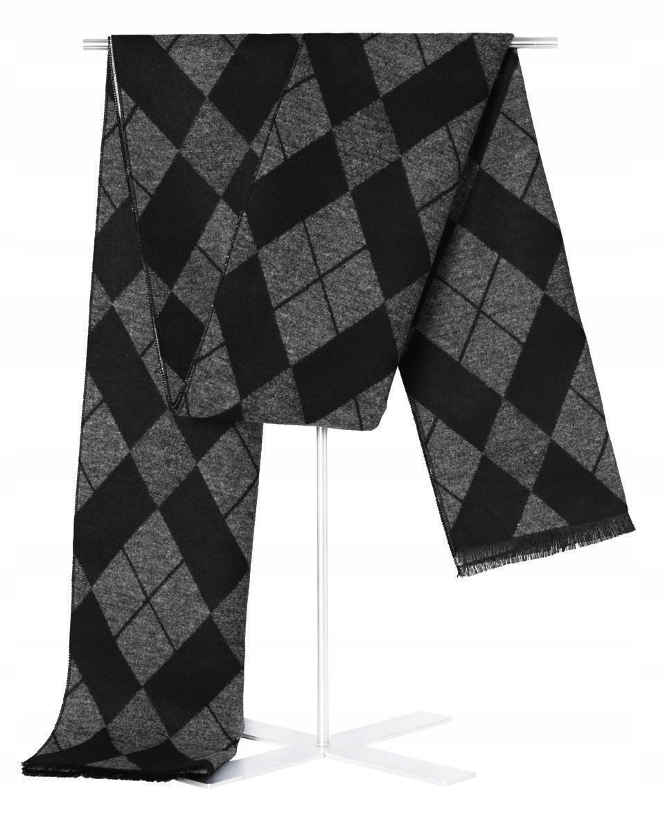 Szal Szalik Męski Ciepły Zimowy Czarno - Szary - Popielaty W Kratę Kratkę