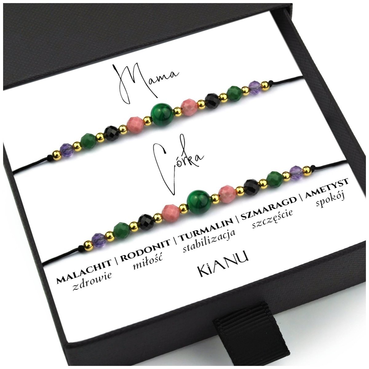 Bransoletka KiANU Malachit Rodonit Turmalin Szmaragd Ametyst Srebro Złoto 24K Prezent na Dzień Mamy