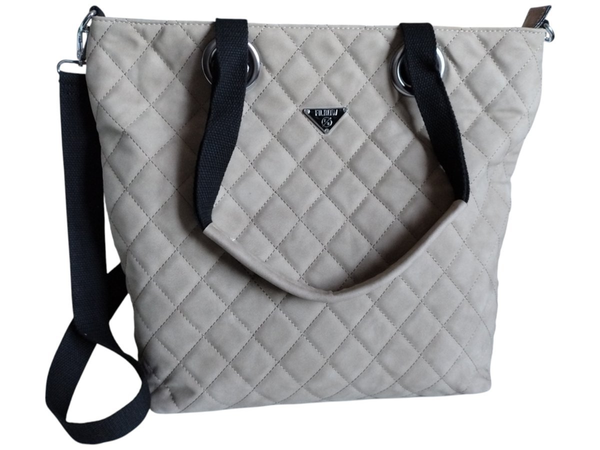 Beżowa Torebka Shopper Pikowana Damska Na Ramię Duża Pojemna A4