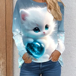 TEMU Damska codzienna koszulka z długim rękawem z urocym nadrukiem kota - Miękki blend polyesteru i spandyksu, nadający się do prania w pralce, - Bluzki damskie - miniaturka - grafika 1