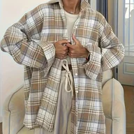 Koszule damskie - TEMU Elegancka Kurtka w Kratę z Kołnierzykiem - Beżowa/Brązowo-Biała Paltówko na Guziki, Blazer do Prania Maszynowego Na Wszystkie Sezony Do Biura, i - miniaturka - grafika 1