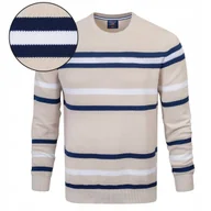 Swetry męskie - Elegancki SWETER Męski BEŻOWY w PASKI Klasyczny Bawełniany M Pako Jeans - miniaturka - grafika 1