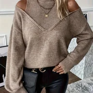 Swetry damskie - TEMU Sweter damski z odkrytymi ramionami i wysokim kołnierzem, swobodny i elegancki, z długim rękawem, w jednolitym kolorze, dzianinowy, w paski, na - miniaturka - grafika 1