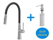 Baterie kuchenne - Quadron POP Bateria zlewozmywakowa stalowa GINA STEELQ z elastyczną czarną wylewką i funkcją prysznica plus dozownik okrągły do płynu KEIRA kolor chrom - miniaturka - grafika 1