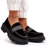 Mokasyny damskie - Damskie Welurowe Mokasyny Z Ozdobą Czarne Wendreda - Inna marka - miniaturka - grafika 1