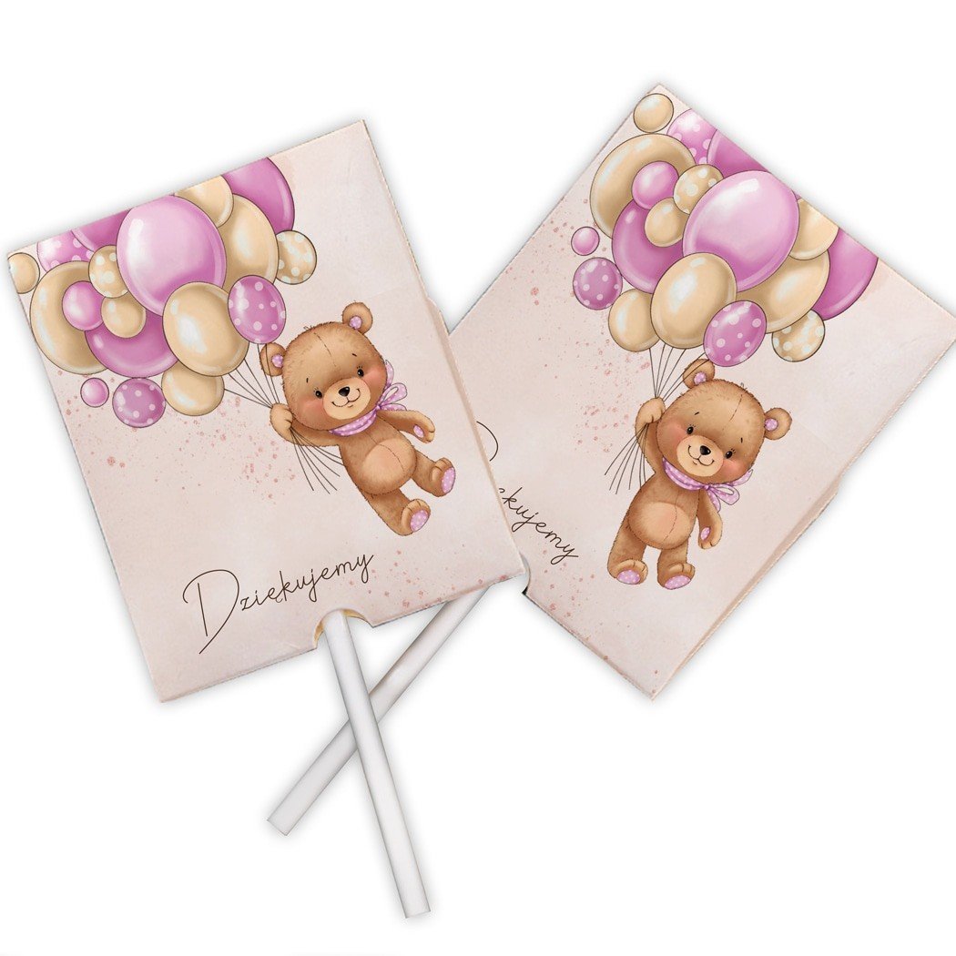 LIZAKI podziękowanie na Roczek i Chrzest Miś i baloniki róż 10szt