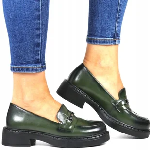 ZIELONE BUTELKOWA ZIELEŃ MOKASYNY MODNE MUST HAVE NA JESIEŃ LOAFERSY PÓŁBUT - Półbuty damskie - miniaturka - grafika 1