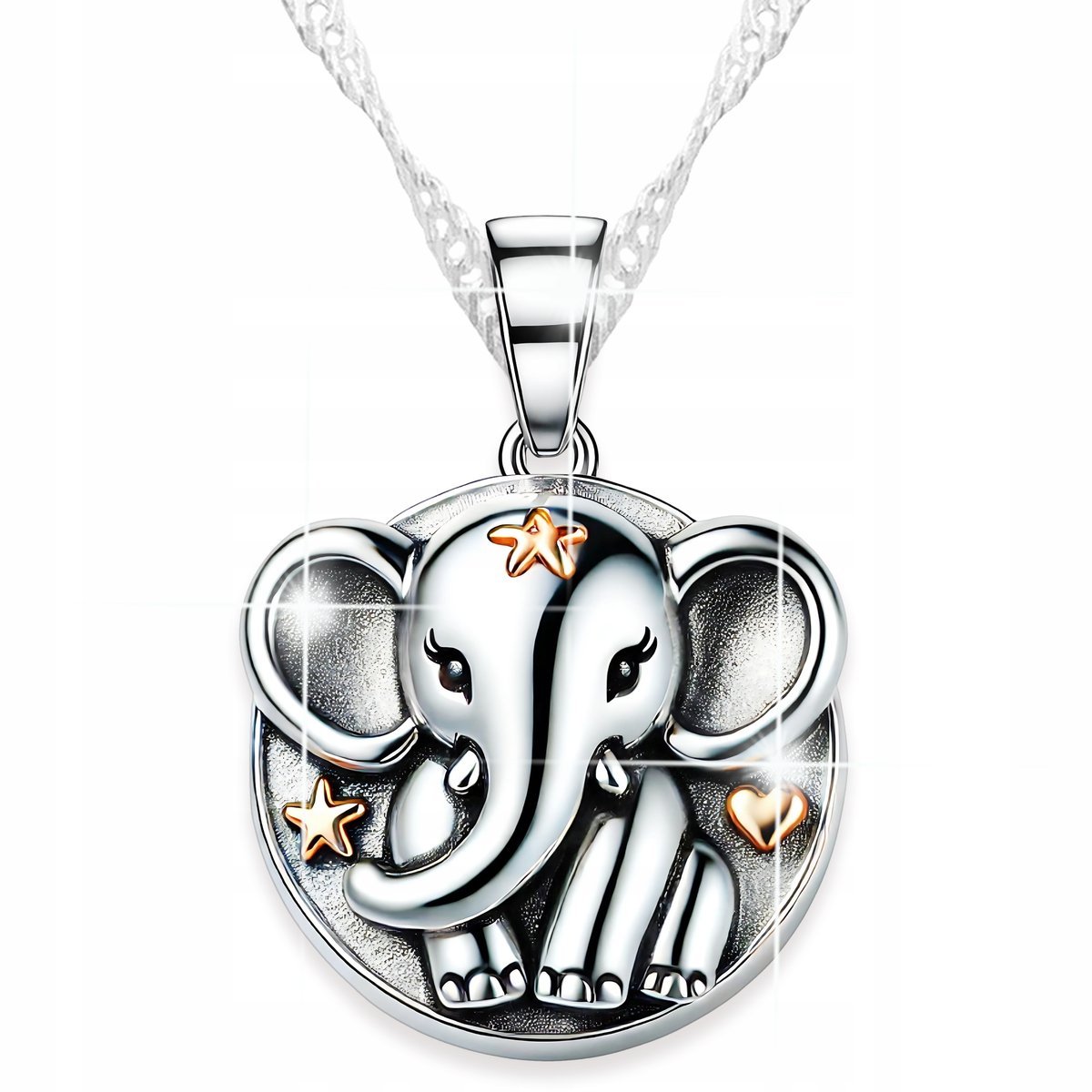 Naszyjnik Srebrny Słoń z Gwiazdką Słonik Serce Trąbka Słonia SREBRO 925