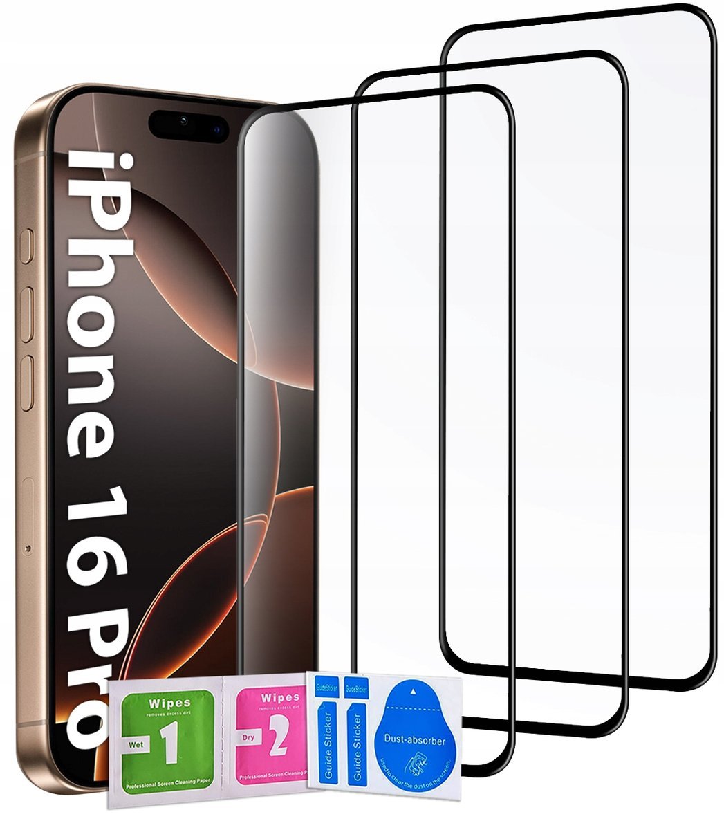 3x SZKŁO NA CAŁY EKRAN do iPhone 16 Pro SZYBKA 5D zestaw 3 sztuk