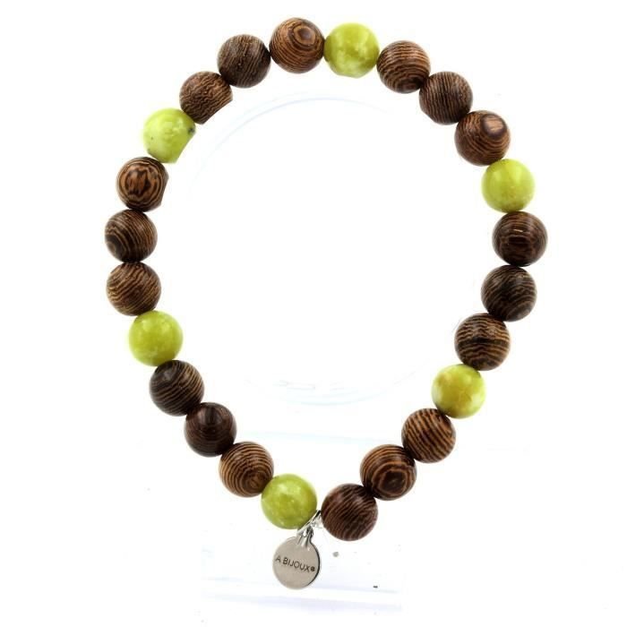 Kamienie i minerały. Bransoletka Koraliki Serpentynowy Jadeit z Chin + drewno 8 mm. Wyprodukowano we Francji.
