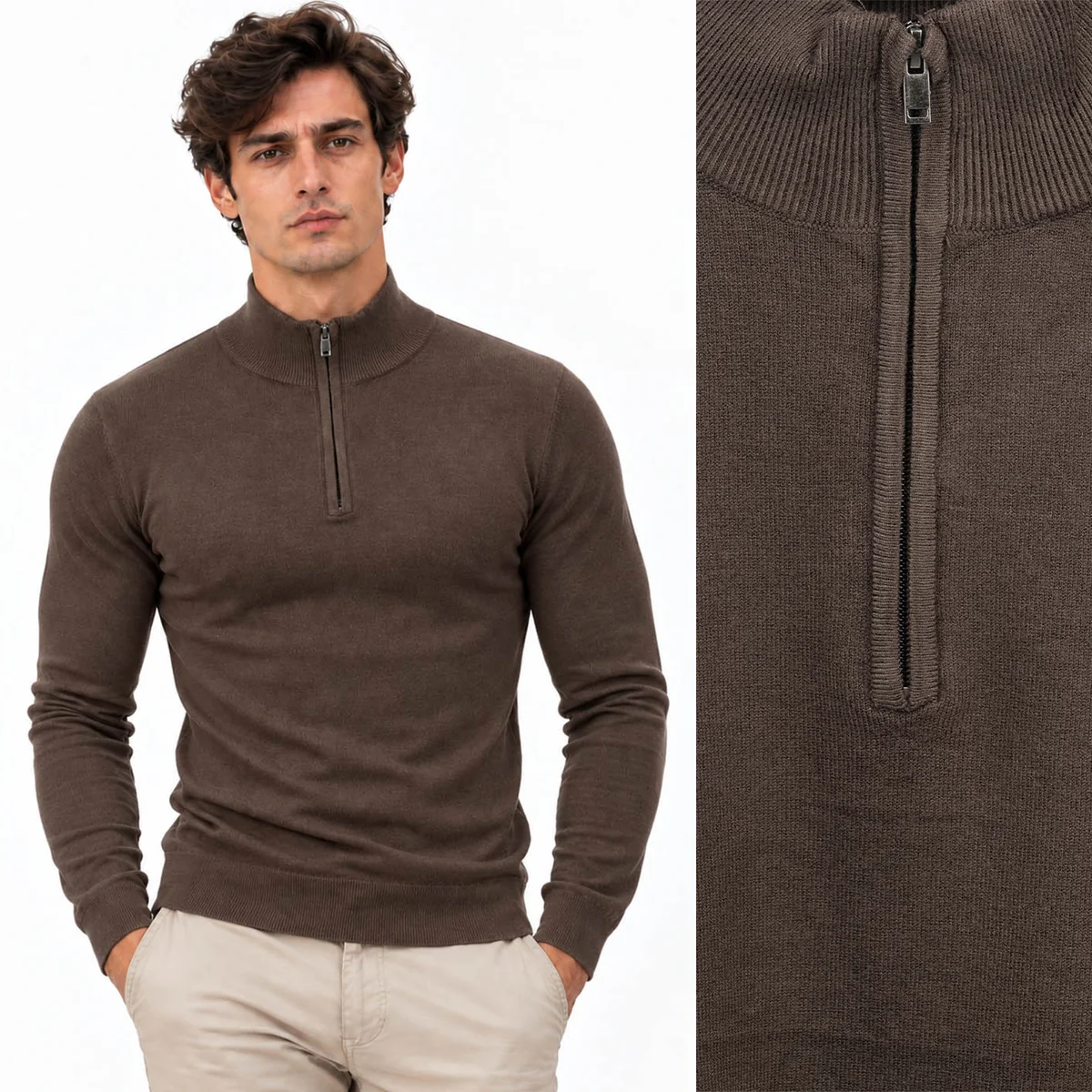 Sweter męski cienki ciemnobrązowy z półzamkiem i półgolfem gładki LD-69050-16-D.K BROWN M