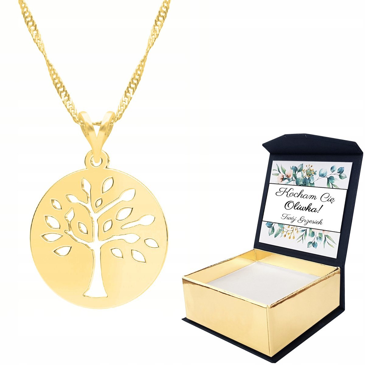 Naszyjnik złoty 925 Drzewo Drzewko + WŁASNY NADRUK