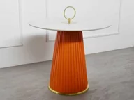 Ławy i stoliki kawowe - Stolik z pomarańczową nogą wykonaną z ekoskóy i białym marmurowym blatem zakończonym złotym uchwytem Ø60x50 cm VT087B-O - miniaturka - grafika 1
