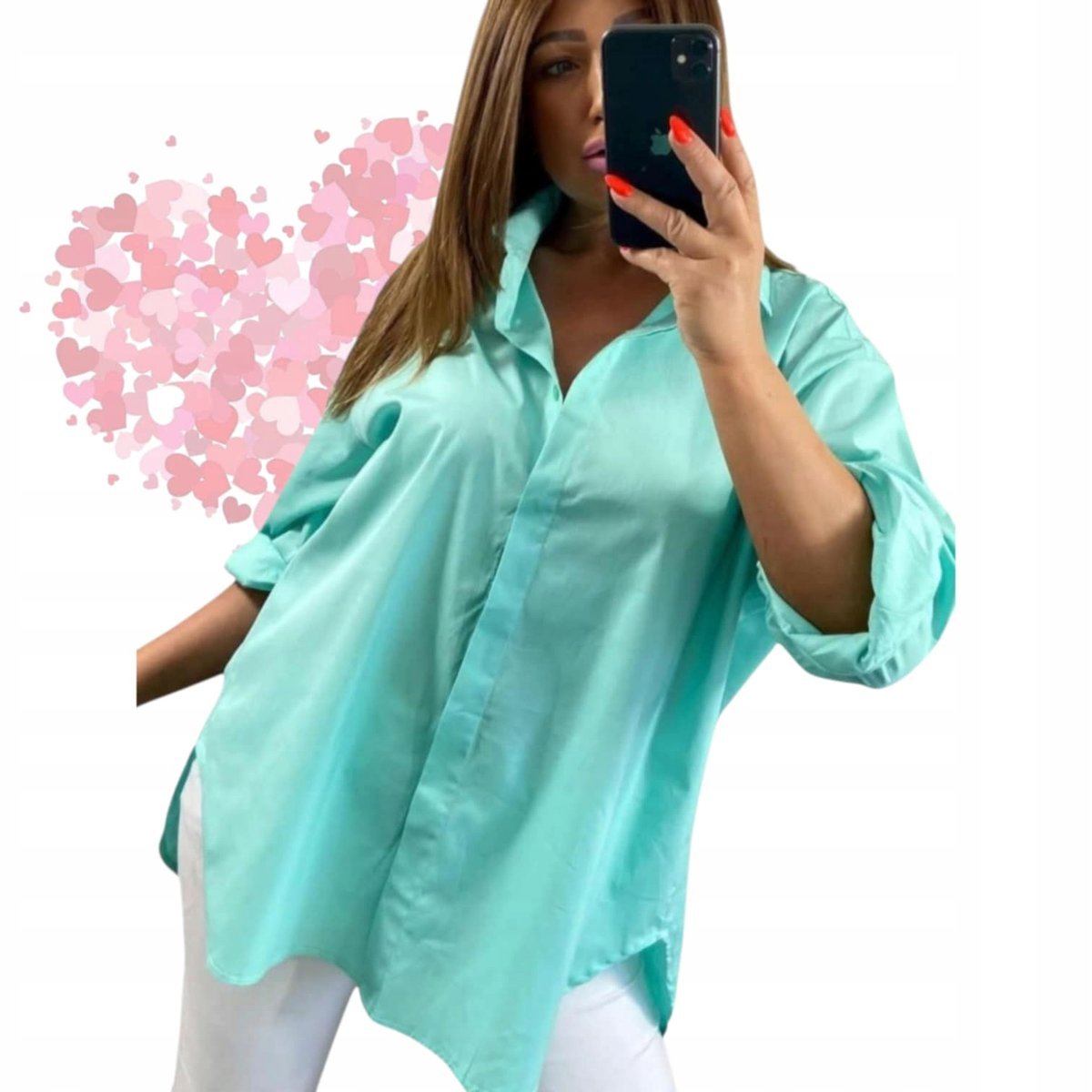 ELEGANCKA KOSZULA BAWEŁNIANA wygodna rozpinana długa mięta 50 52 5XL 6XL
