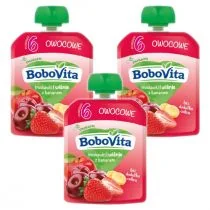 BoboVita Mus truskawki i wiśnie z bananem po 6. miesiącu Zestaw 3 x 80 g - Desery dla dzieci - miniaturka - grafika 1