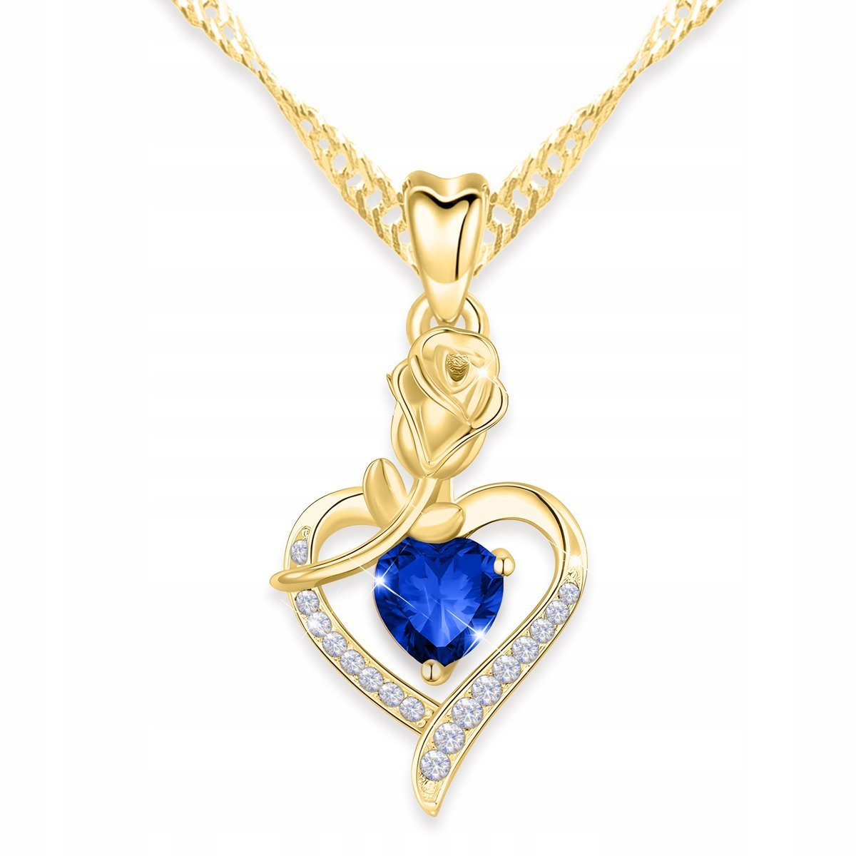 Złoty Naszyjnik Niebieskie Kryształowe Serce Kwiat Kwiatek Życia SREBRO 925