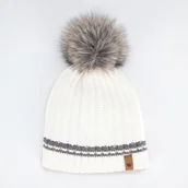 Czapki damskie - Damska czapka ze wzorem w paski i pomponem kremowa - miniaturka - grafika 1