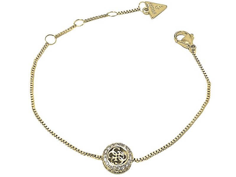 Bransoletka pozłacana GUESS z logiem w kółku zdobiona cyrkoniami na łańcuszku