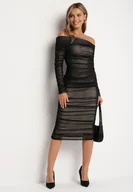 Sukienki - Czarna Marszczona Sukienka Siateczkowa Hiszpanka z Wywiniętym Dekoltem Tinaveris - miniaturka - grafika 1