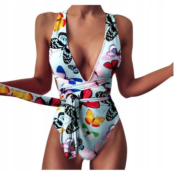 Wiązany Jednoczęściowy Strój Kąpielowy Z Dekoltem Motylki L