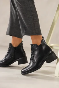 Czarne botki skórzane damskie Sergio Leone na szerokim klocku wycięta cholewka sznurowane YG74560-H - Botki damskie - miniaturka - grafika 1