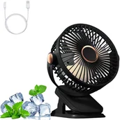 Wentylatory - Przenośny wentylator kempingowy z klipsem, 5 prędkości, port USB, lampka nocna, czarny, 1200 Ah - miniaturka - grafika 1