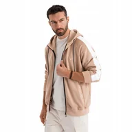 Bluzy męskie - Rozpinana męska bluza z kapturem i lampasami beżowa OM-SSZP-0210 V4 r. L - miniaturka - grafika 1