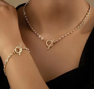 Elegancki Komplet Biżuterii Damskiej z Perłami - Naszyjnik i Bransoletka N-15 - Bransoletki - miniaturka - grafika 1