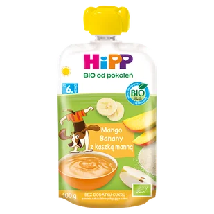 HiPP, mus owocowy, mango i banany z kaszką manną, po 6 miesiącu, 100 g - Przekąski dla dzieci HiPP, mus owocowy, mango i banany z kaszką manną, po 6 miesiącu, 100 g - Przekąski dla dzieci - miniaturka - grafika 1